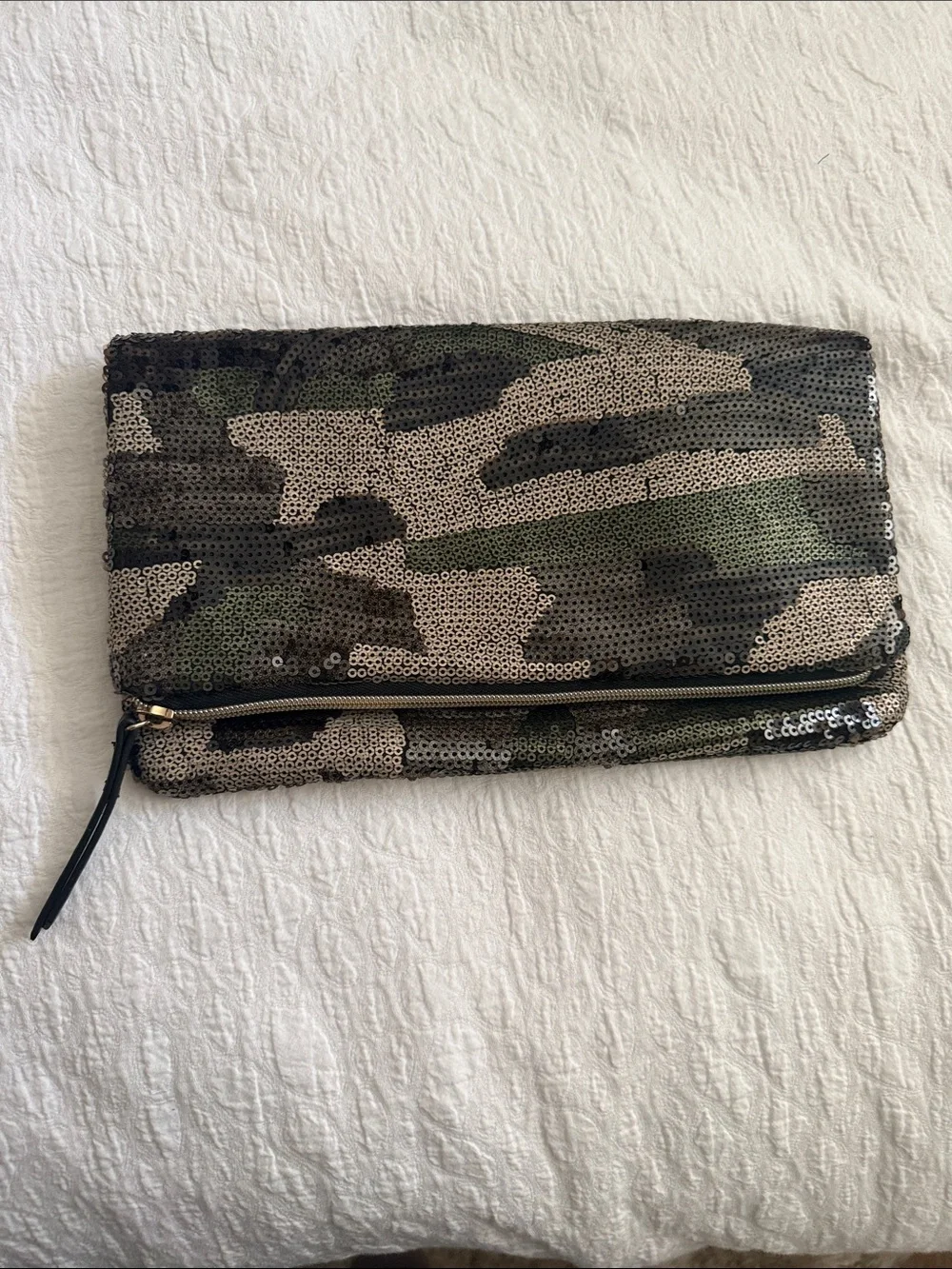 Stella & Dot Sequined Camo Foldover Clutch - Green, Black, Tan